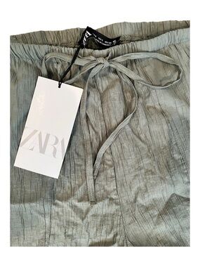 Zara Sage Green Wide-Leg Crinkle Drawstring Pants